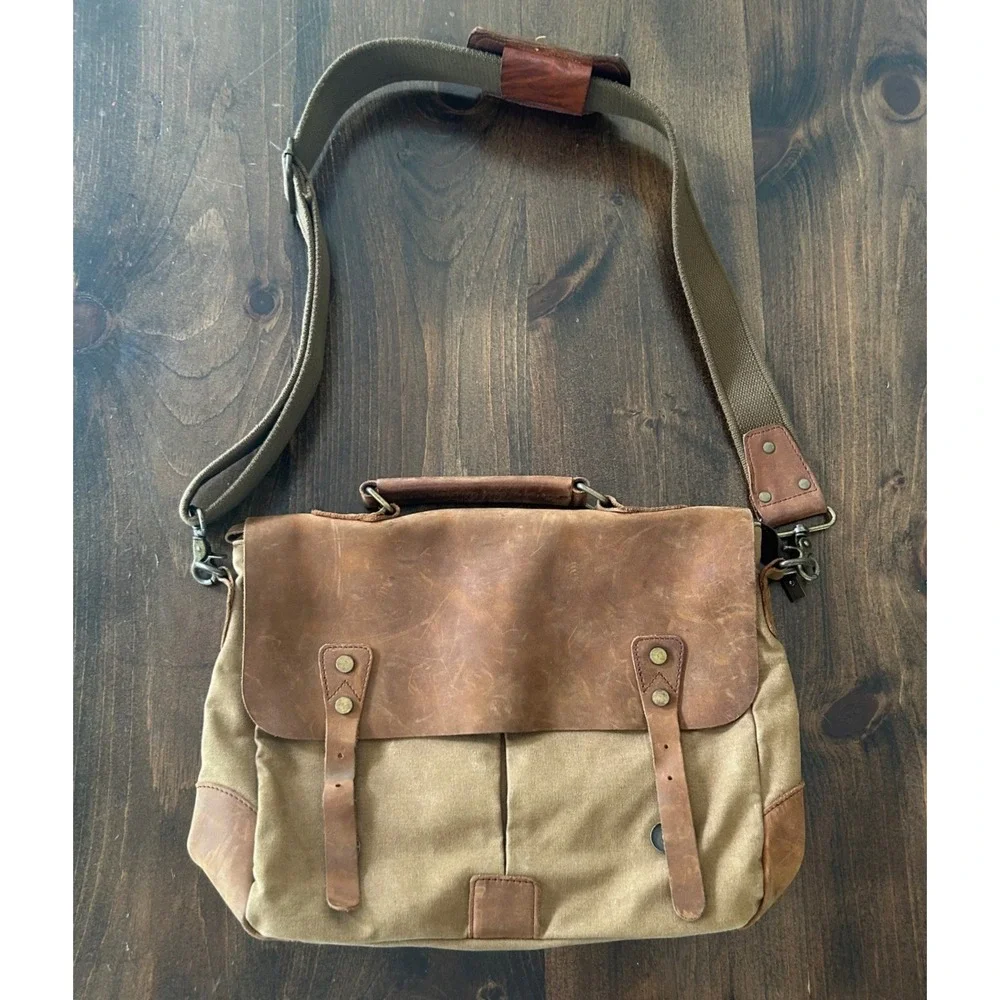 Tiding Messenger Bag Large Khaki Brown Waxed Canvas Leather Satchel Gorpcore
